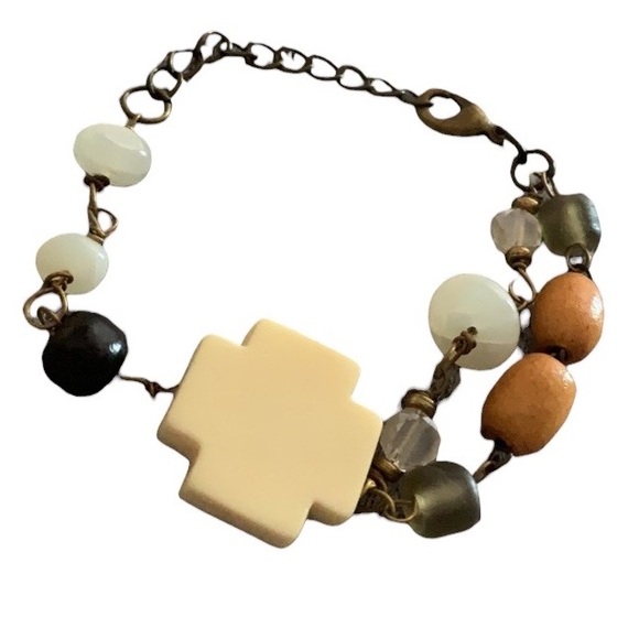 Creative Co-Op Jewelry - New Semi Precious Stone & Wooden Bead Cross Bracelet Woman’s Jewelry